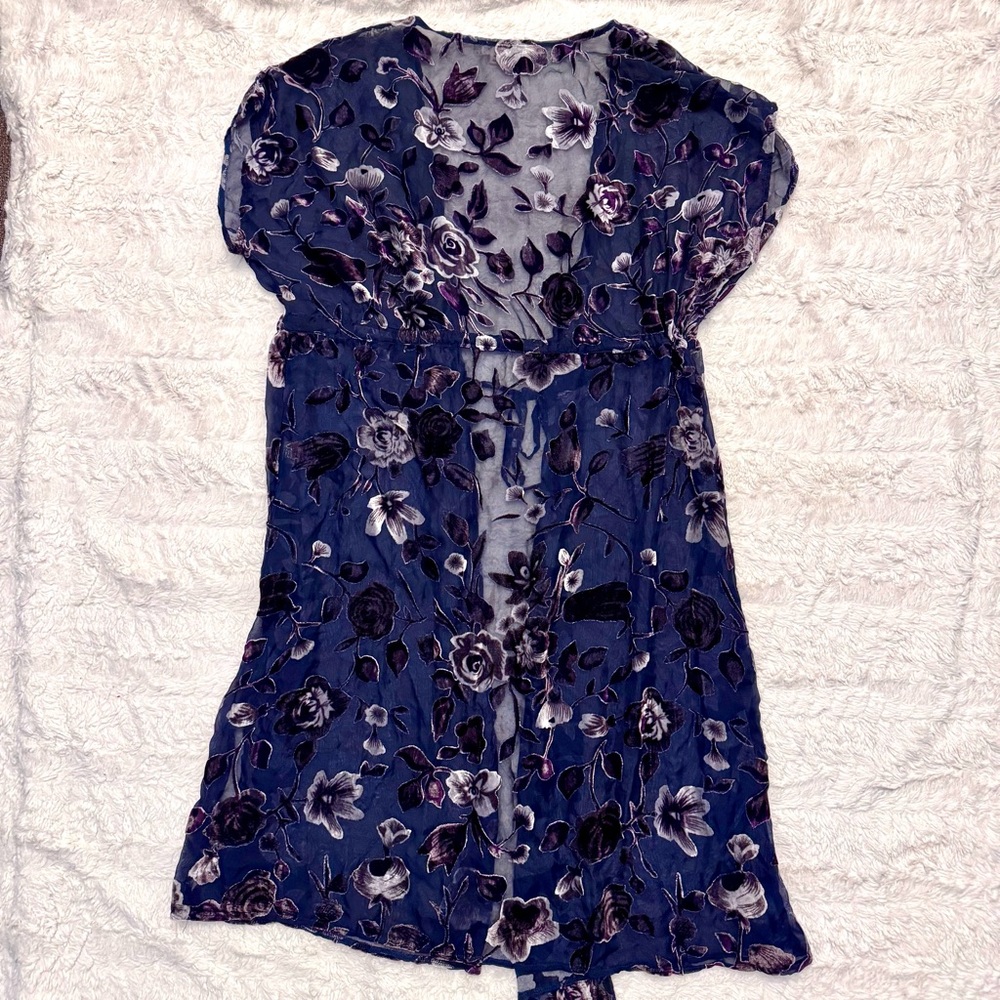 PoL Boho Sheer Velvet Floral Kimono | Tie Waist | S/M short sleeve duster